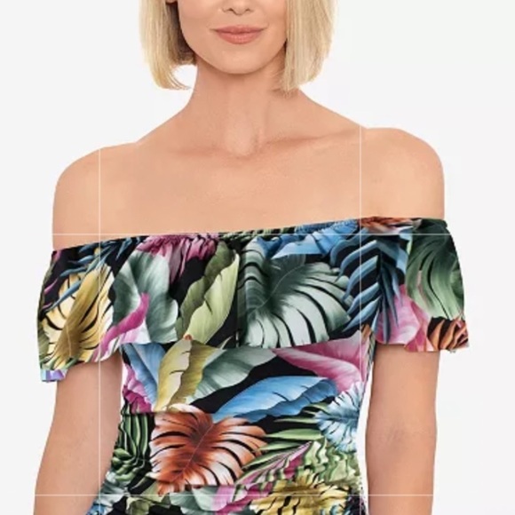 Swim Solutions Off The Shoulder Ruffle One Piece Swimsuit Size 8 Black Multi - Picture 2 of 14